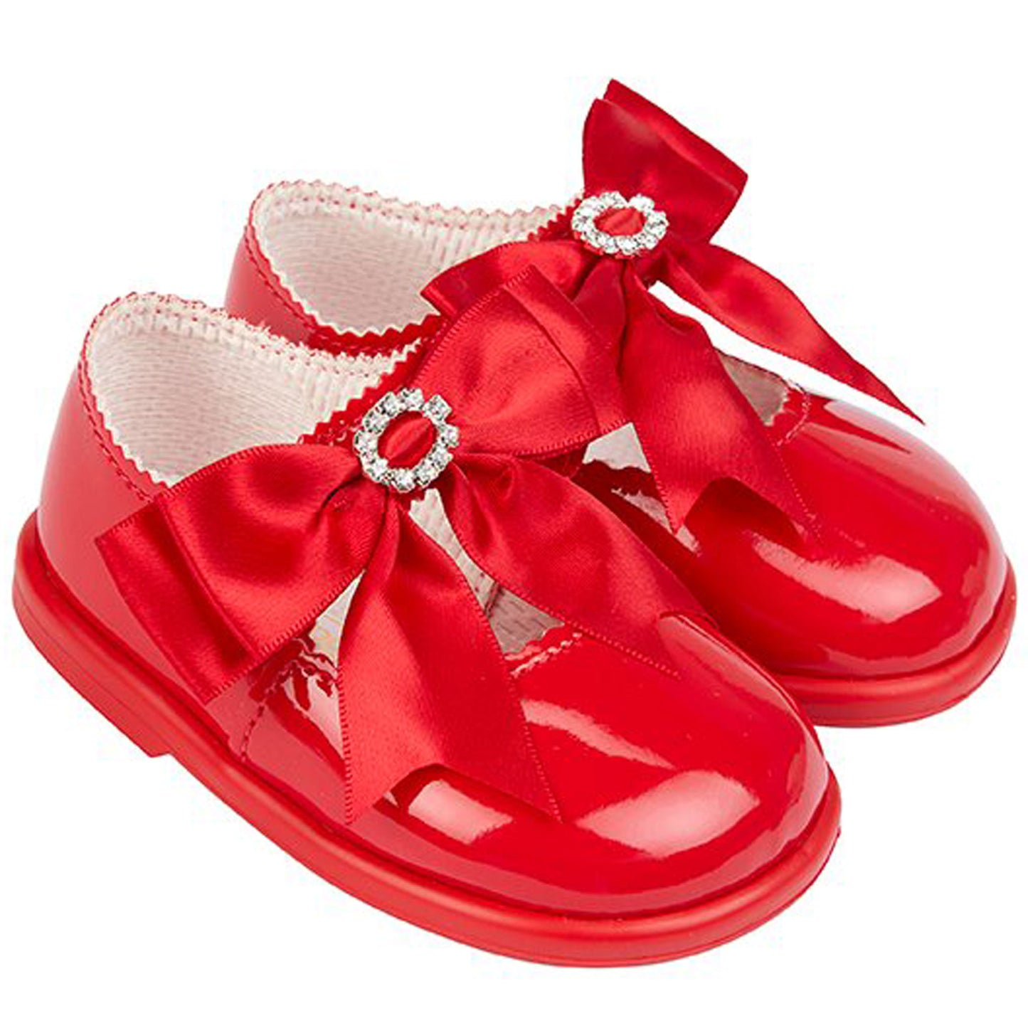 First Walker Shoes - Red Hard Sole with Bow and Diamante