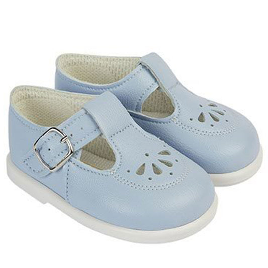 Pair of light blue children's shoes with a buckle on a white background