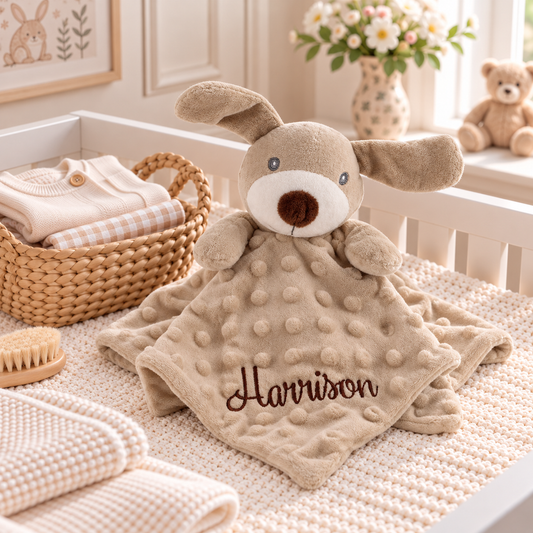 A plush bunny lovey blanket with a textured dotty cover and the name 'Harrison' embroidered on the front, styled in a cozy baby nursery setting.