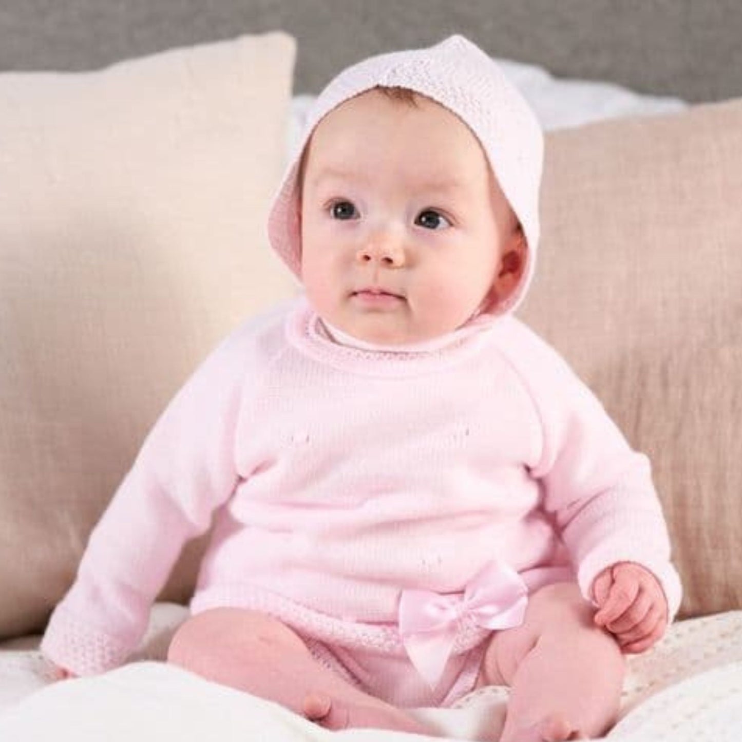 Baby Girl Knitted Three Piece Outfit – Pink Top, Shorts & Hat