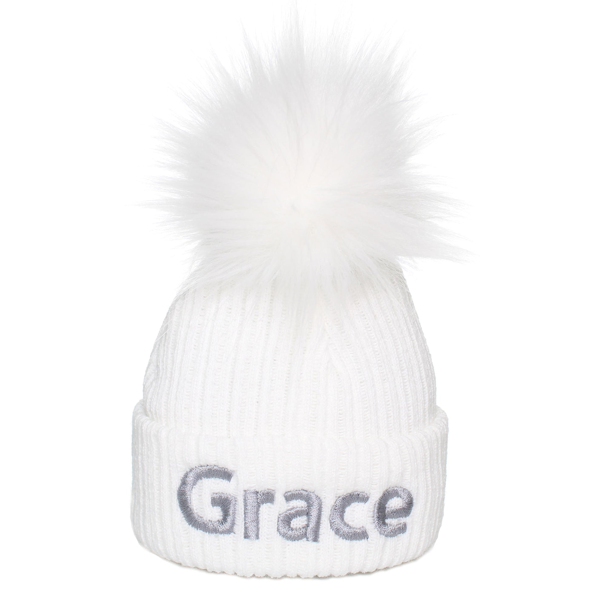 personalised white baby hat with white pom pom