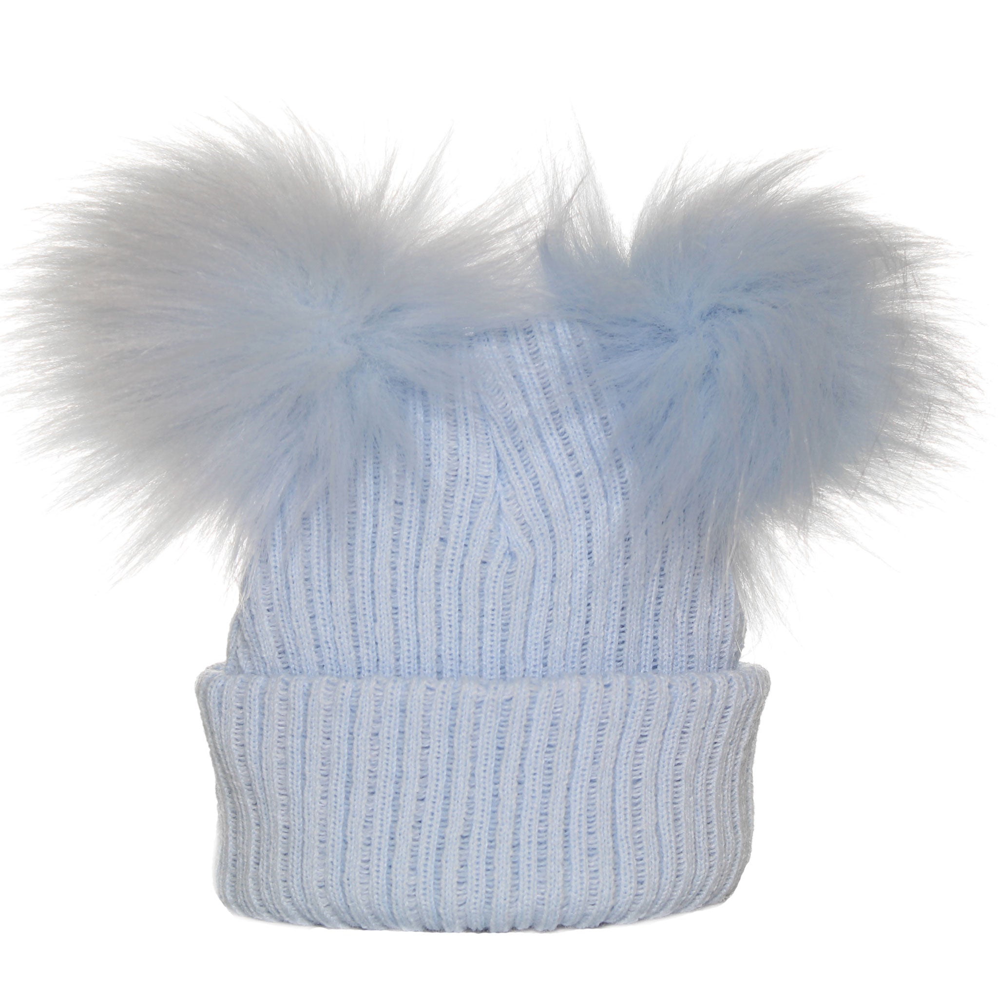 double pom pom blue hat