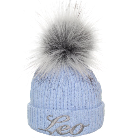 baby boys blue personalised pom hat