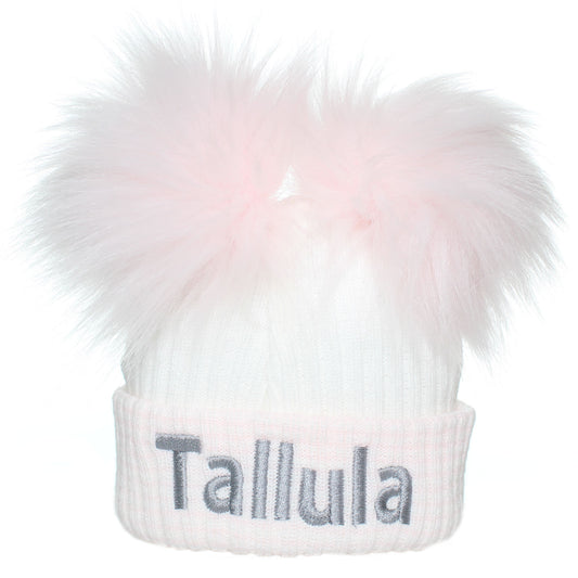 Newborn Baby Pom Hat - White Pink- Double Pom - First Size- Personalised