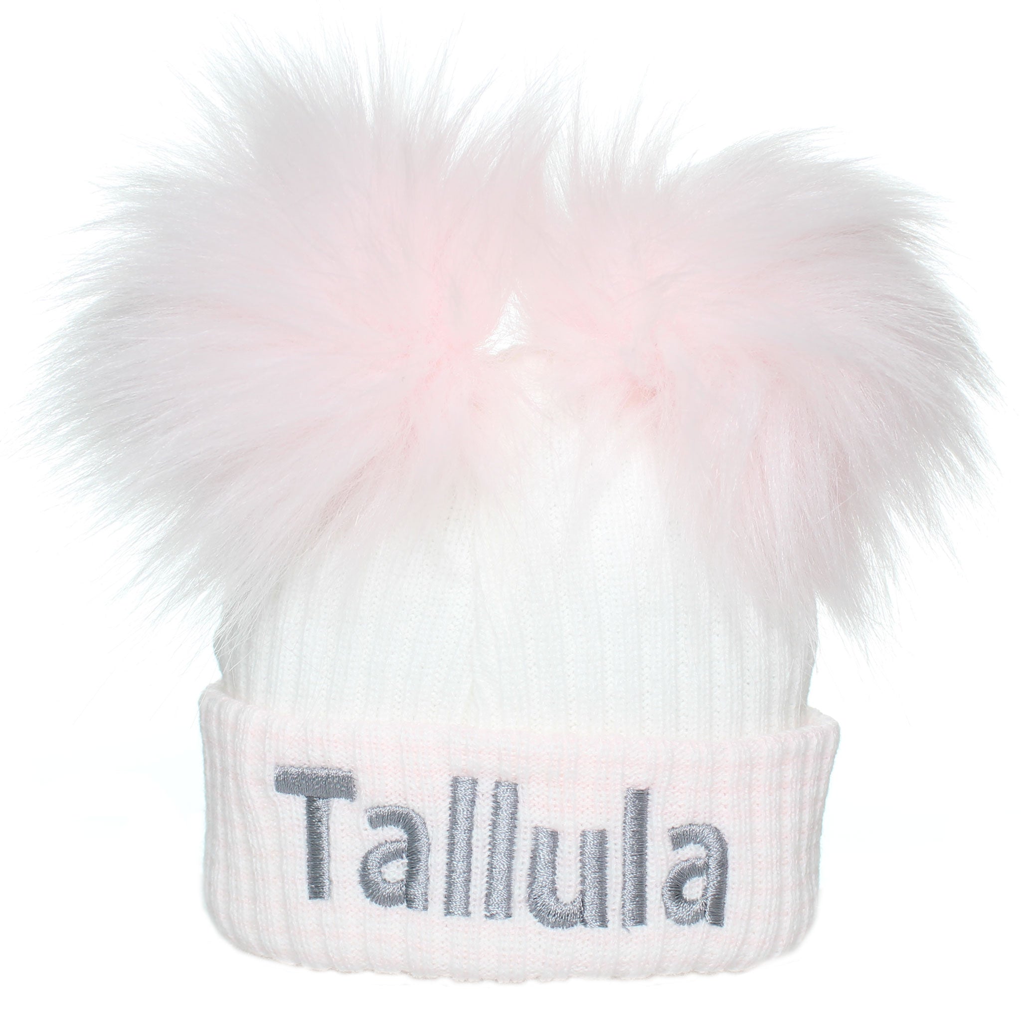 Newborn Baby Pom Hat - White Pink- Double Pom - First Size- Personalised
