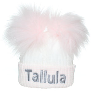 Newborn Baby Pom Hat - White Pink- Double Pom - First Size- Personalised
