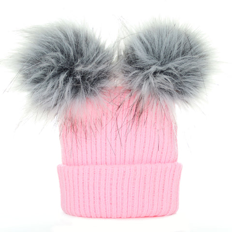 baby girls double pink pom pom hat