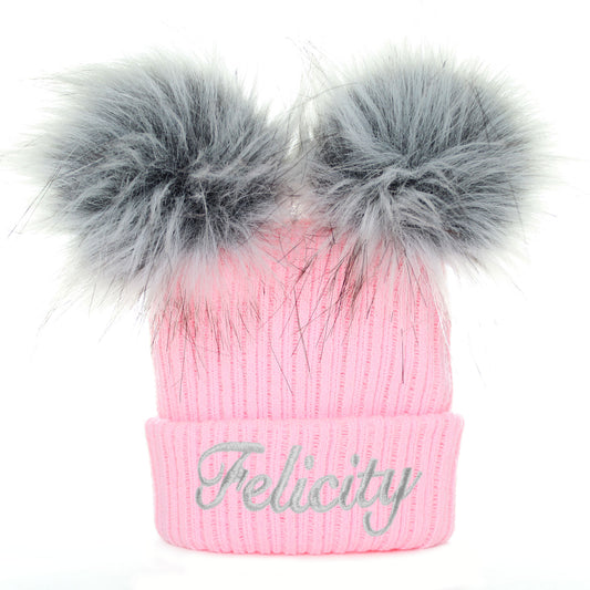 Personalised Baby Girl Hat - Pink Double Faux Fur Pom