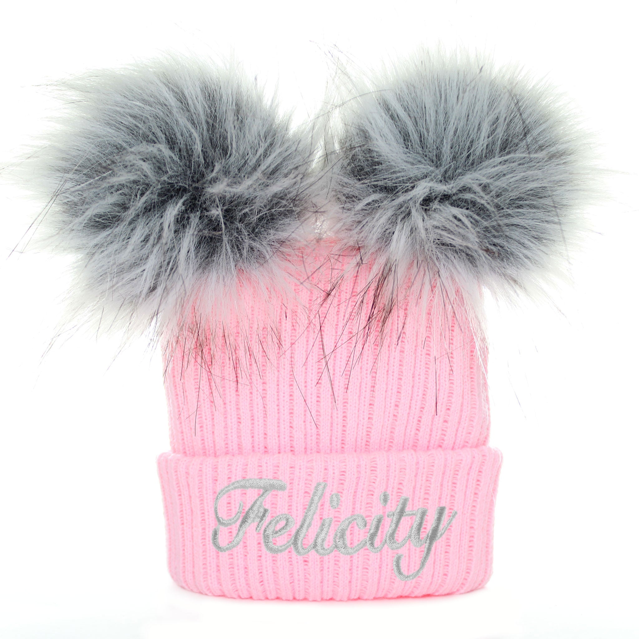 Personalised Baby Girl Hat - Pink Double Faux Fur Pom