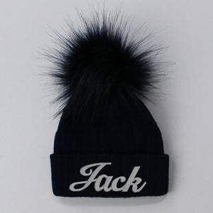 personalised baby navy pom hat
