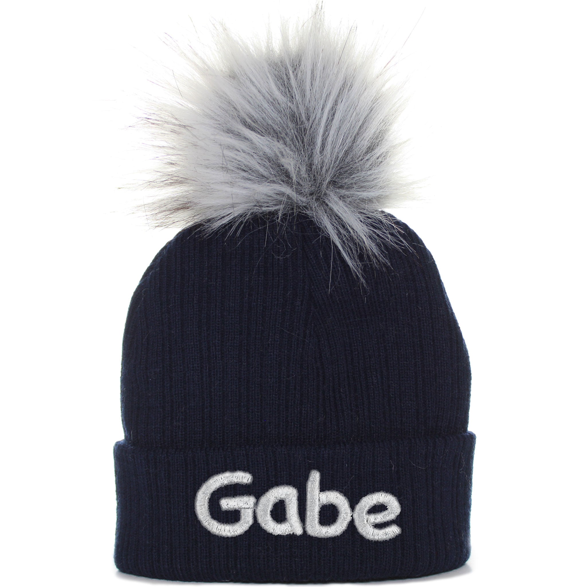Personalised Baby Hat - Navy Blue Faux Fur Pom Pom Hat