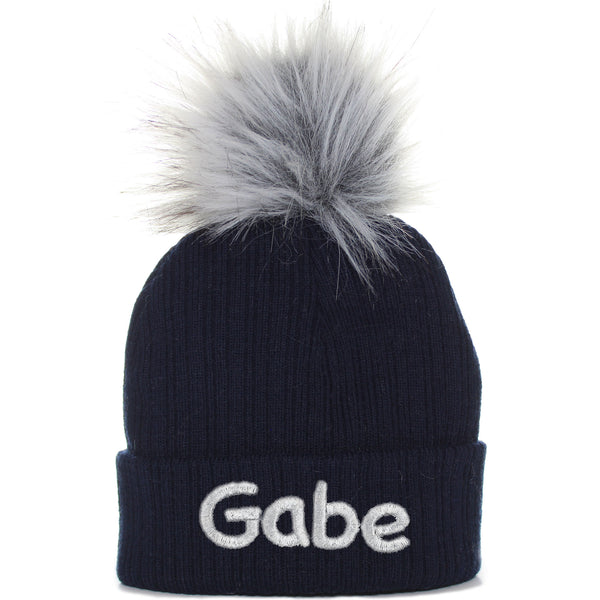 Personalised Baby Hat - Navy Blue Faux Fur Pom Pom Hat