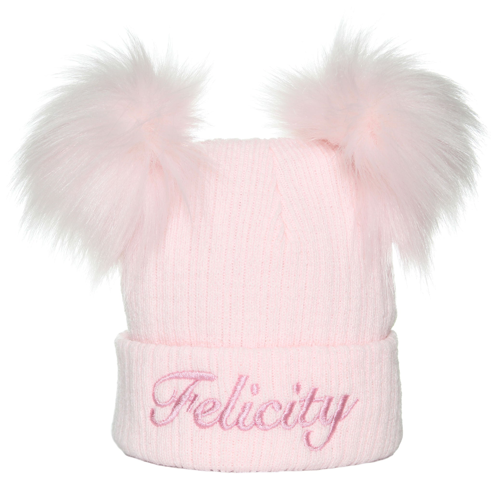 Personalised Double Pom Pink Baby Hat - Pastel Pink