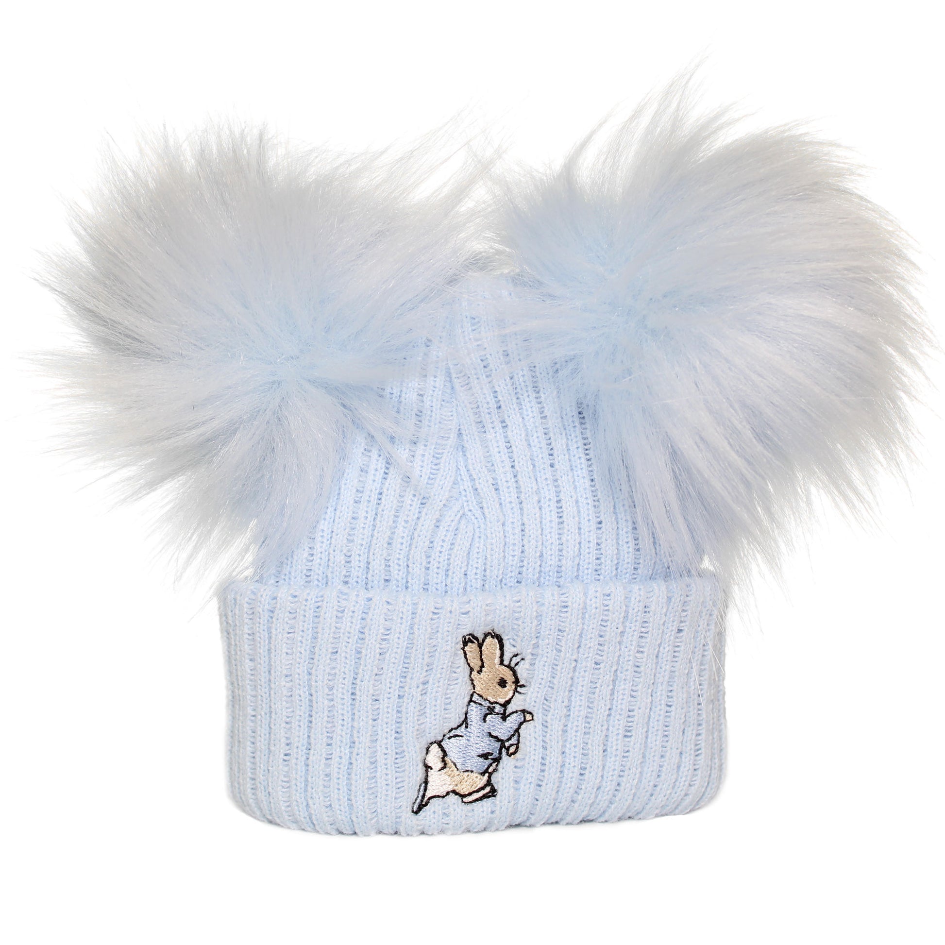 baby boy blue double pom hat with blue poms