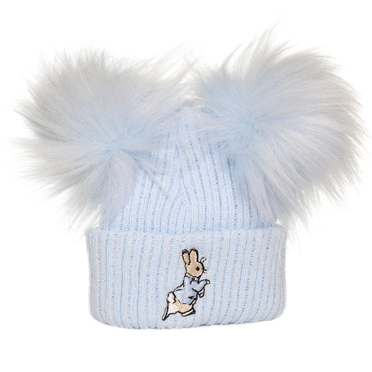 baby boy blue double pom hat with blue poms