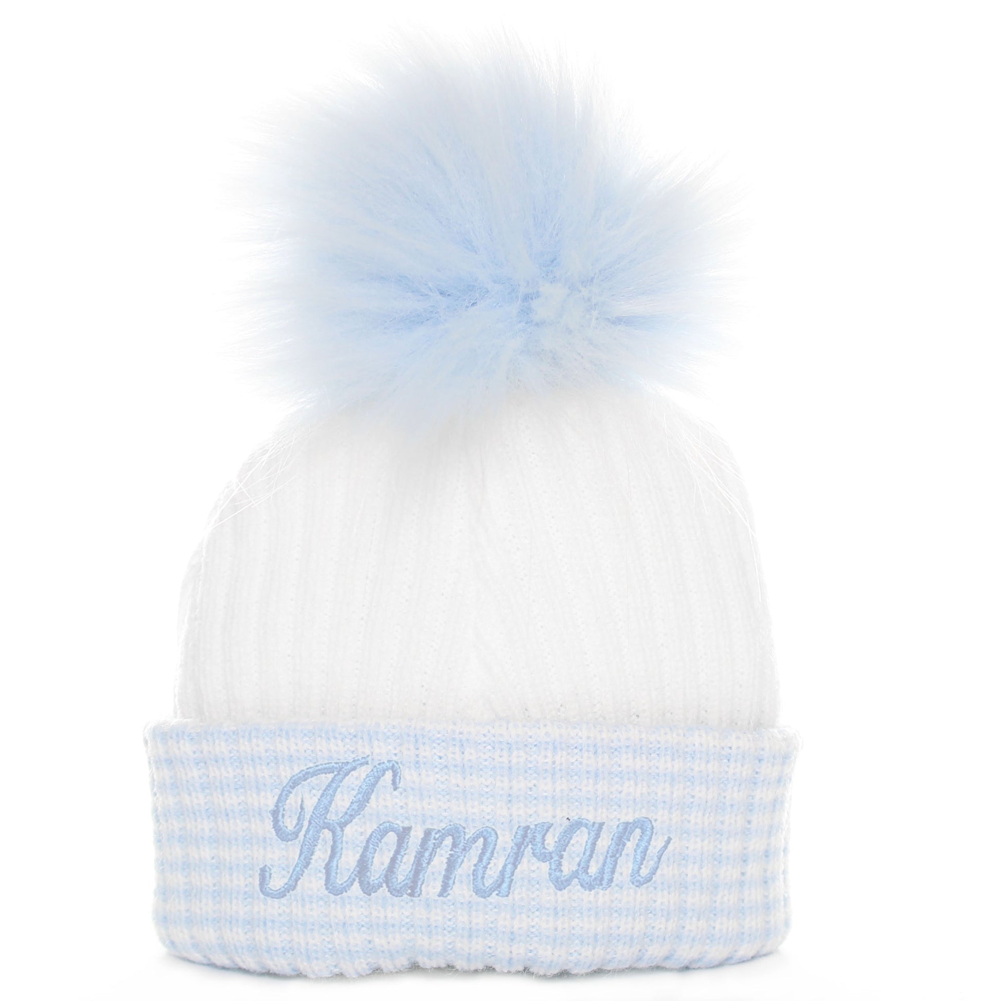 Personalised First Size Baby Boy Pom Hat Blue White Newborn