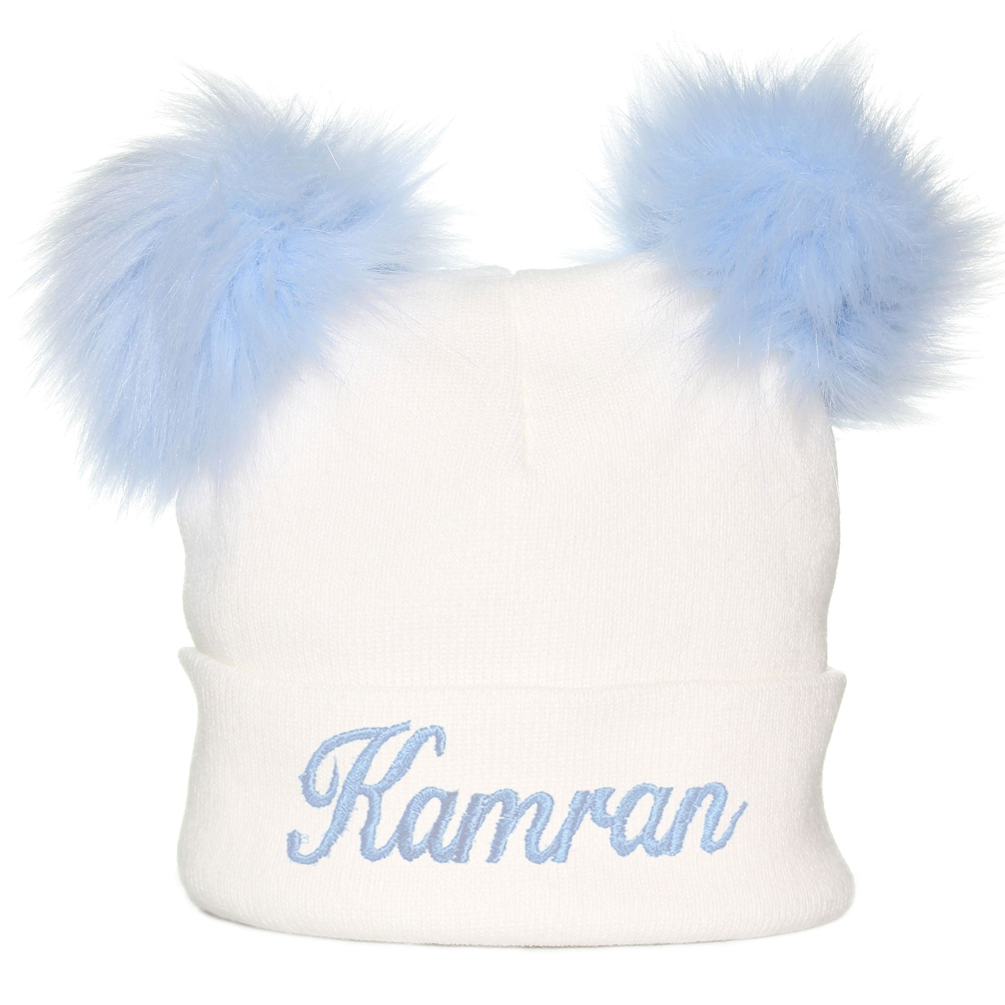 Personalised Pastel White/Blue Double Pom Hat - 2 to 6 years