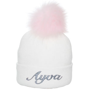 Personalised White Pink Pom Hat - 2 to 6 years