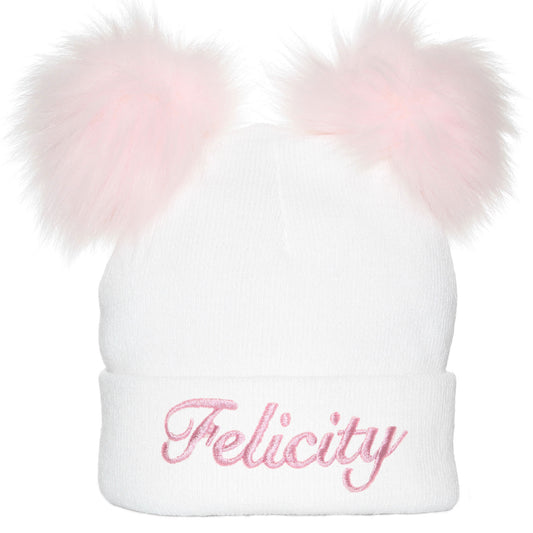 Personalised Pastel White/Pink Double Pom Hat - 2 to 6 years