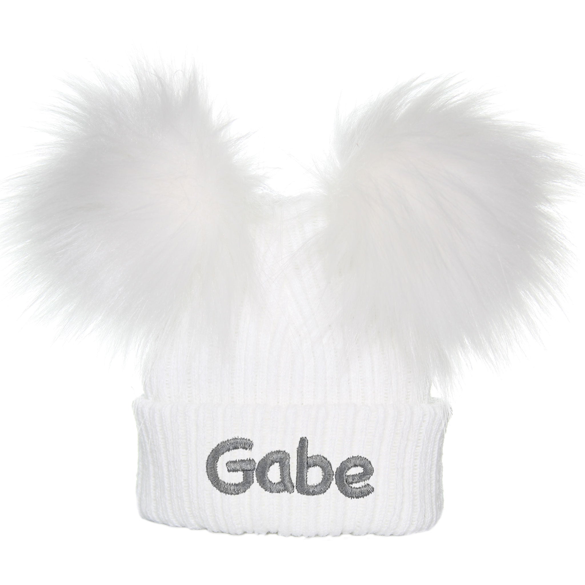 personalised baby hat white with double white pom poms