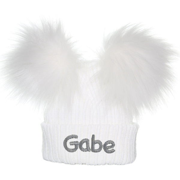 personalised baby hat white with double white pom poms