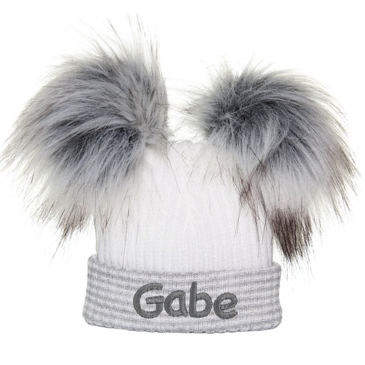 personalised newborn grey white pom pom hat