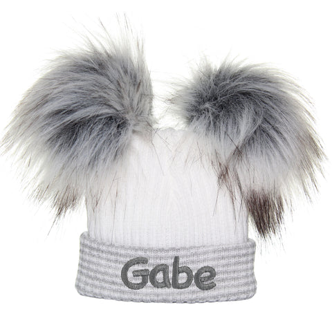 personalised newborn grey white pom pom hat