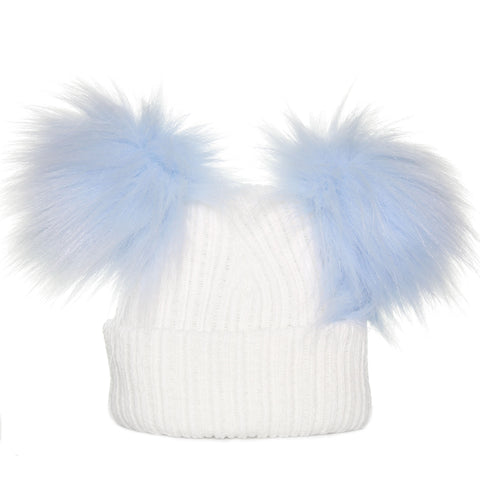 whit and blue pom pom hat