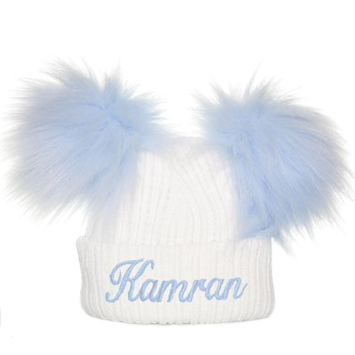 Personalised Baby Double Pom Hat - White Blue