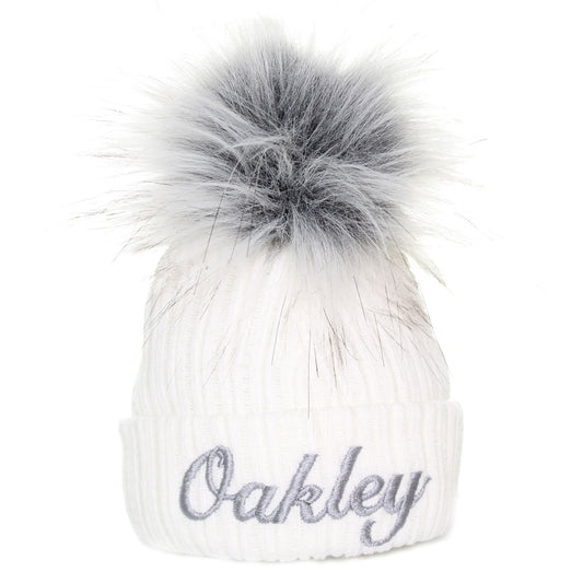 personalised white baby pom hat unisex boy or girl