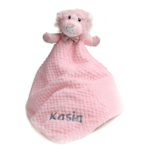 personalised baby comforter pink lion
