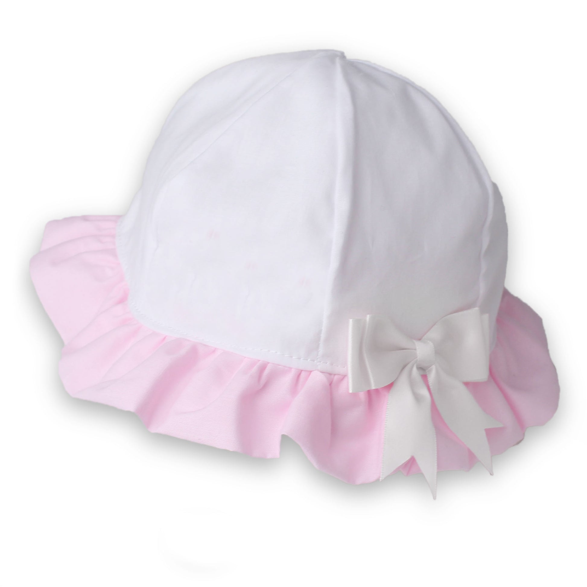 White and pink baby sun hat with frill trim and satin bow detail