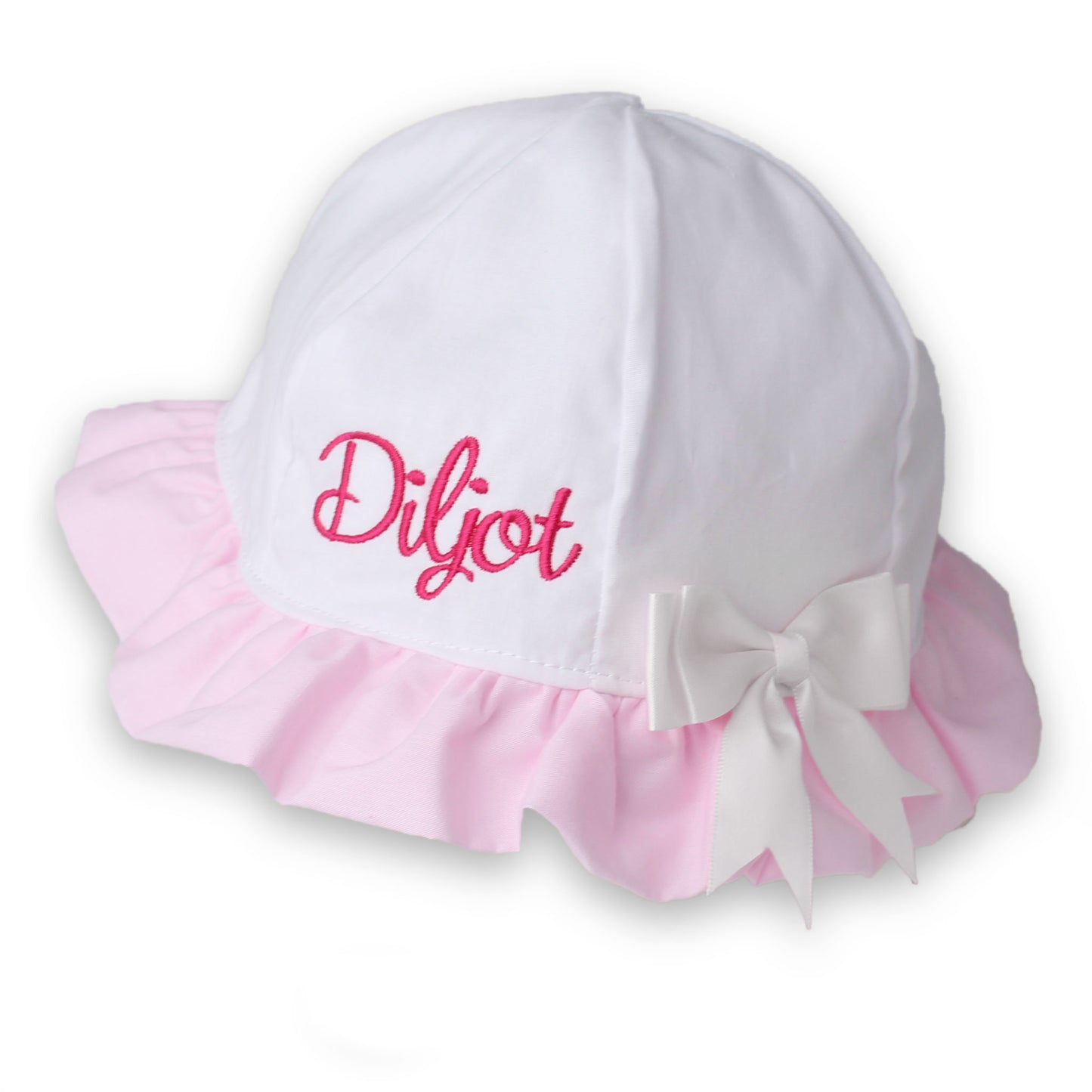Personalised white and pink baby sun hat with frill trim, satin bow and embroidered baby name