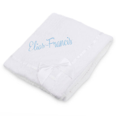 Personalised White Knitted Baby Blanket with Satin Bow