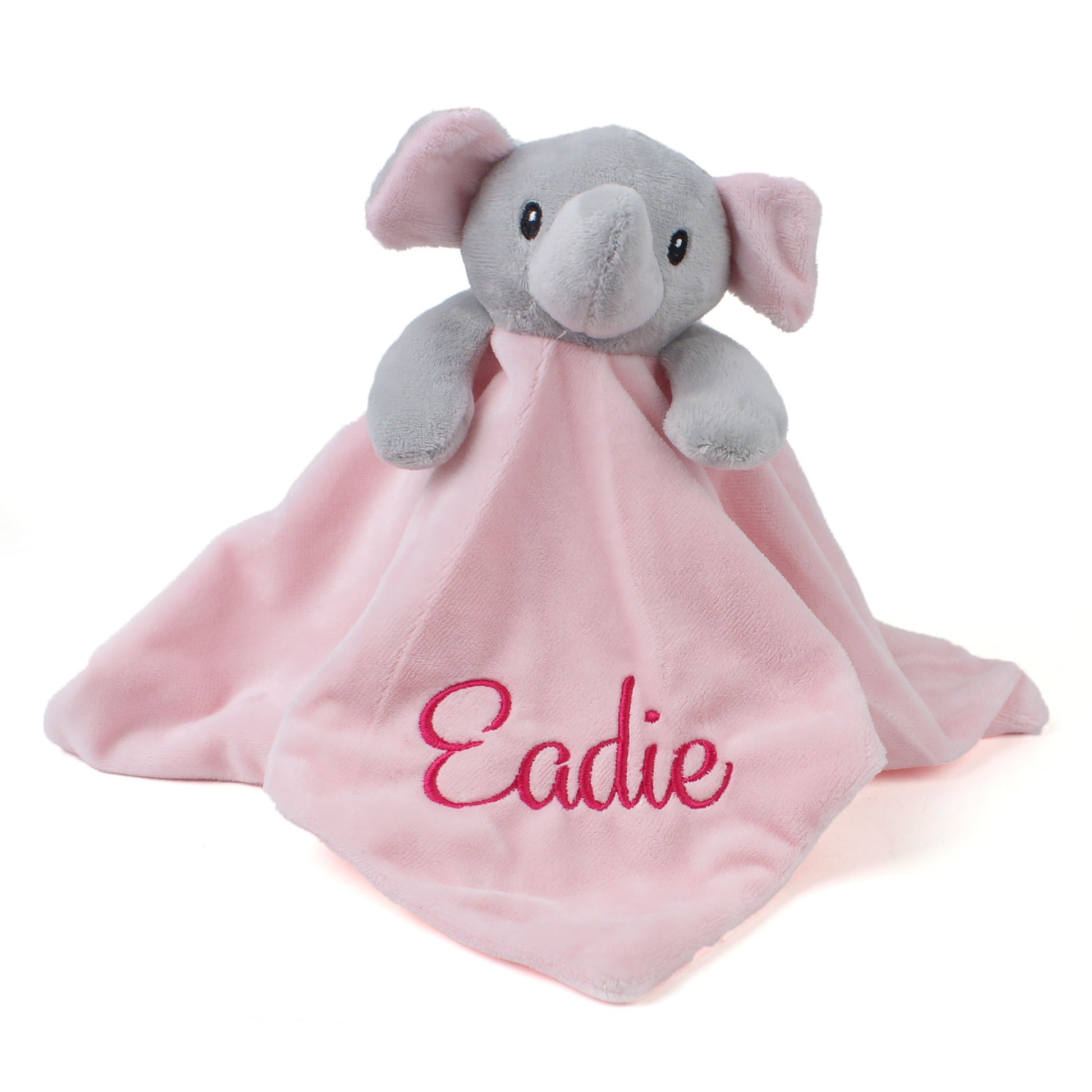 Personalised pink elephant baby comforter with embroidered name on soft plush fabric