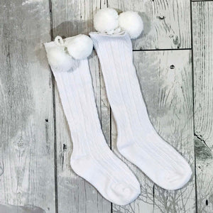 baby white pom pom socks knee high spanish style white