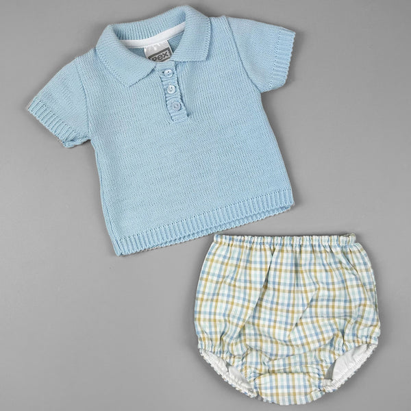 baby boys blue and checkered shorts and knitted top