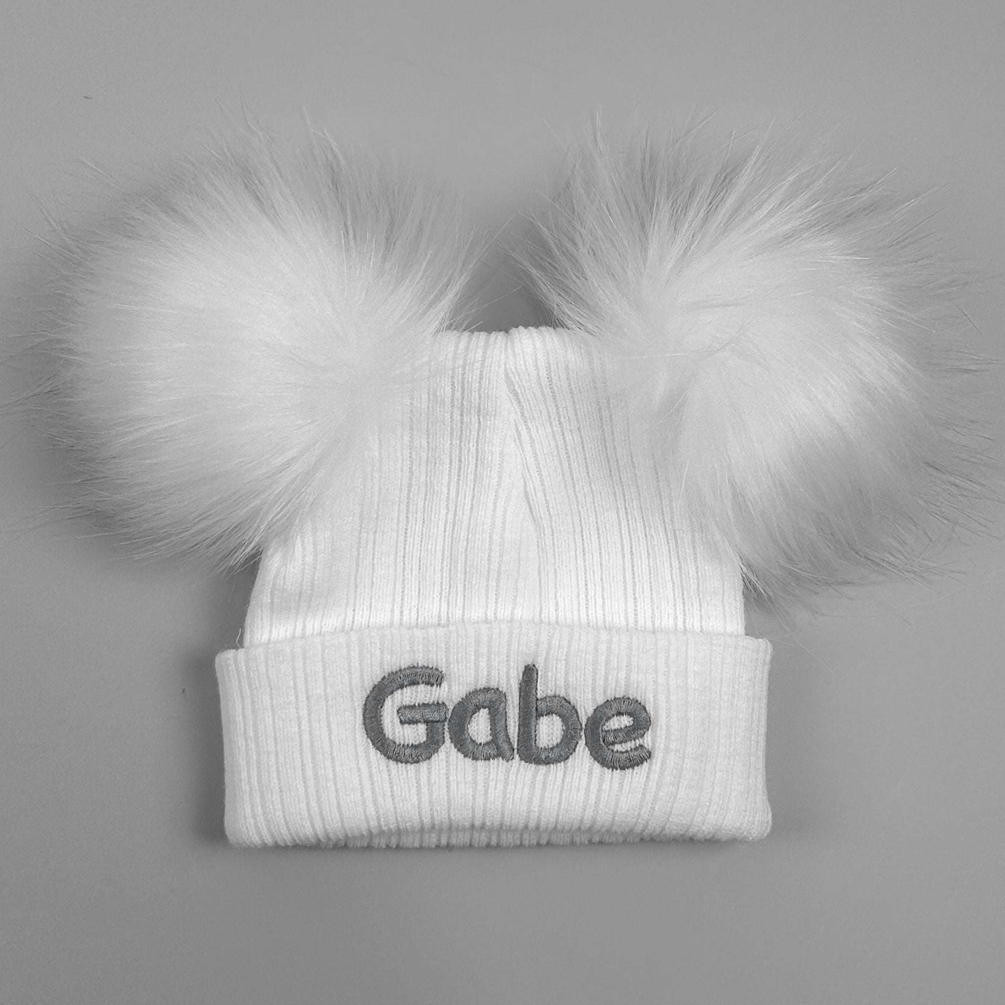 Personalised Baby Double Pom Hat - White  - Unisex