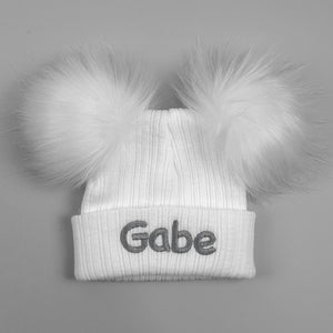 Personalised Baby Double Pom Hat - White  - Unisex