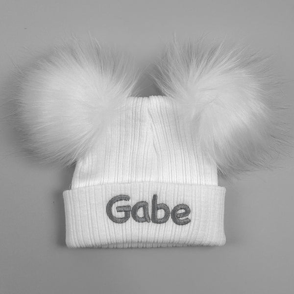 Personalised Baby Double Pom Hat - White  - Unisex