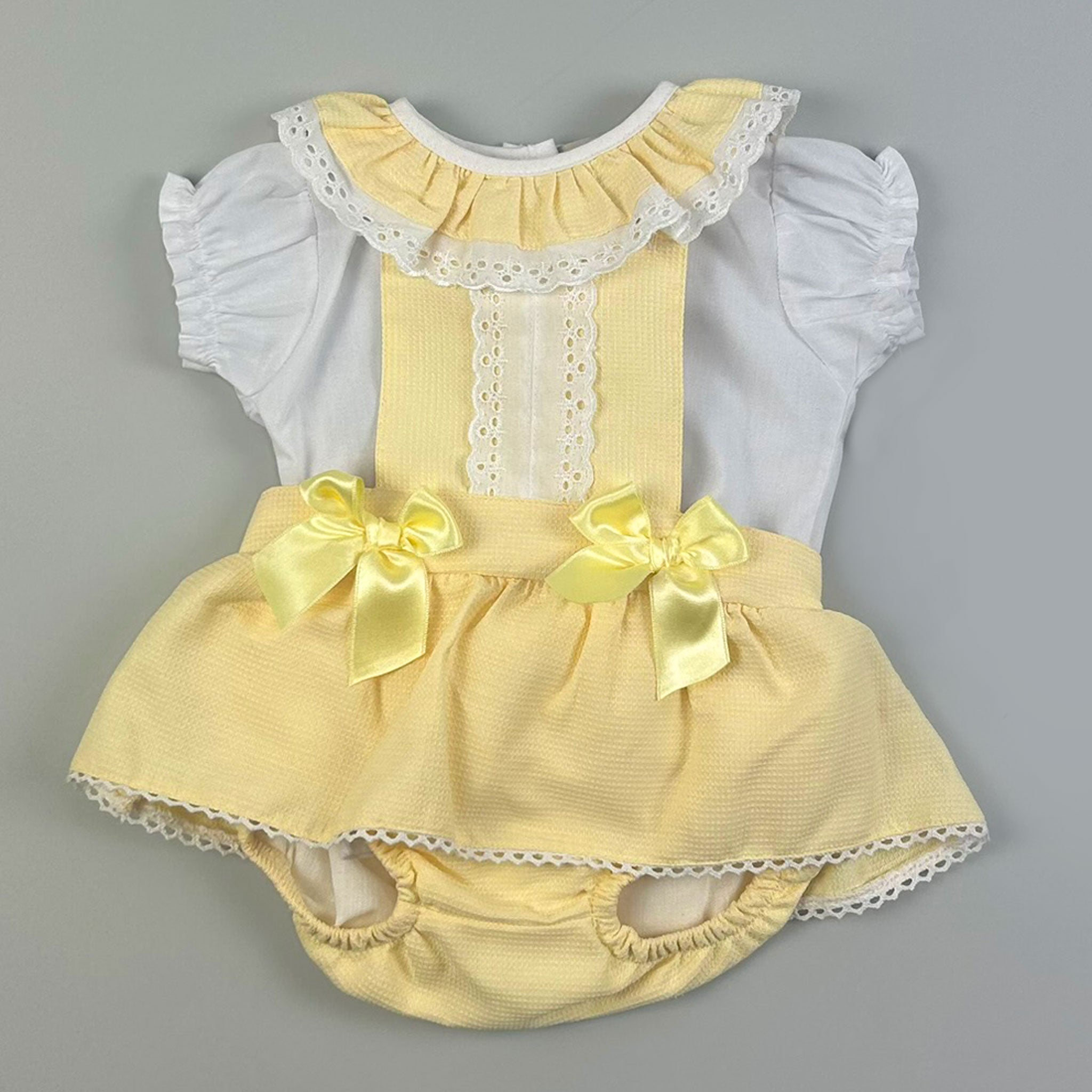 Baby Girls Outfit – Yellow Pinafore Set with Lace & Bows