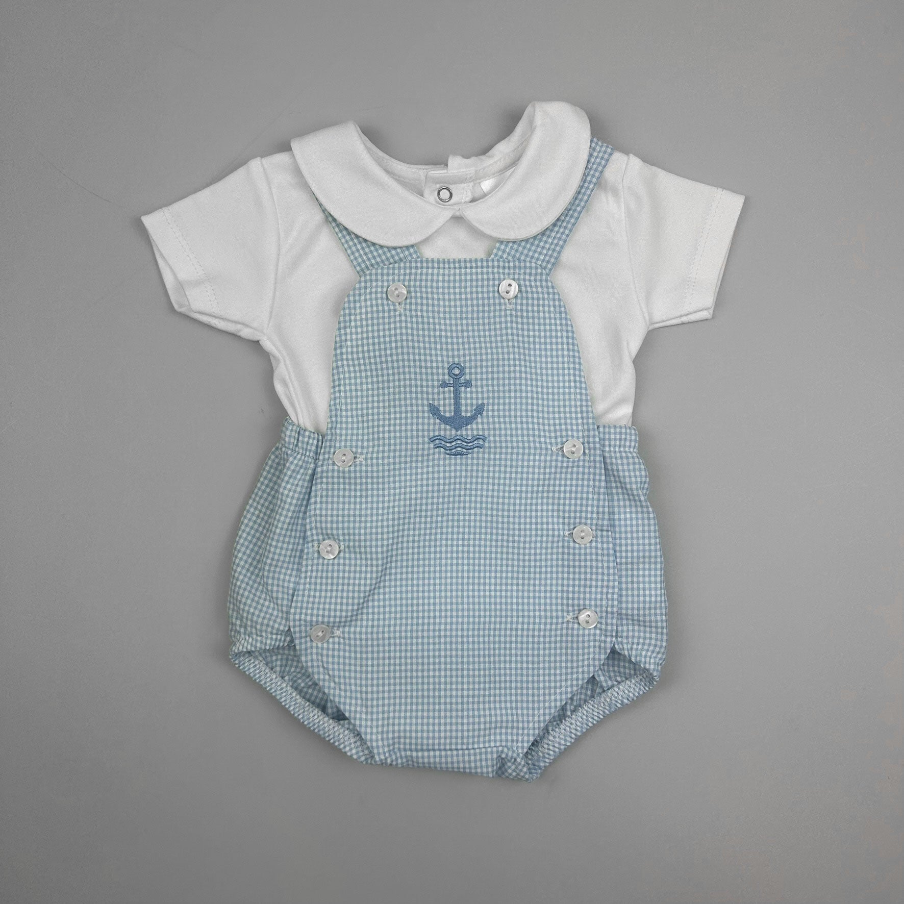 Pex Baby Boy’s Summer Outfit – White Peter Pan T-Shirt & Blue Check Dungarees