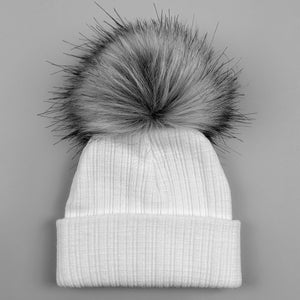 baby unisex white knitted fur pom hat