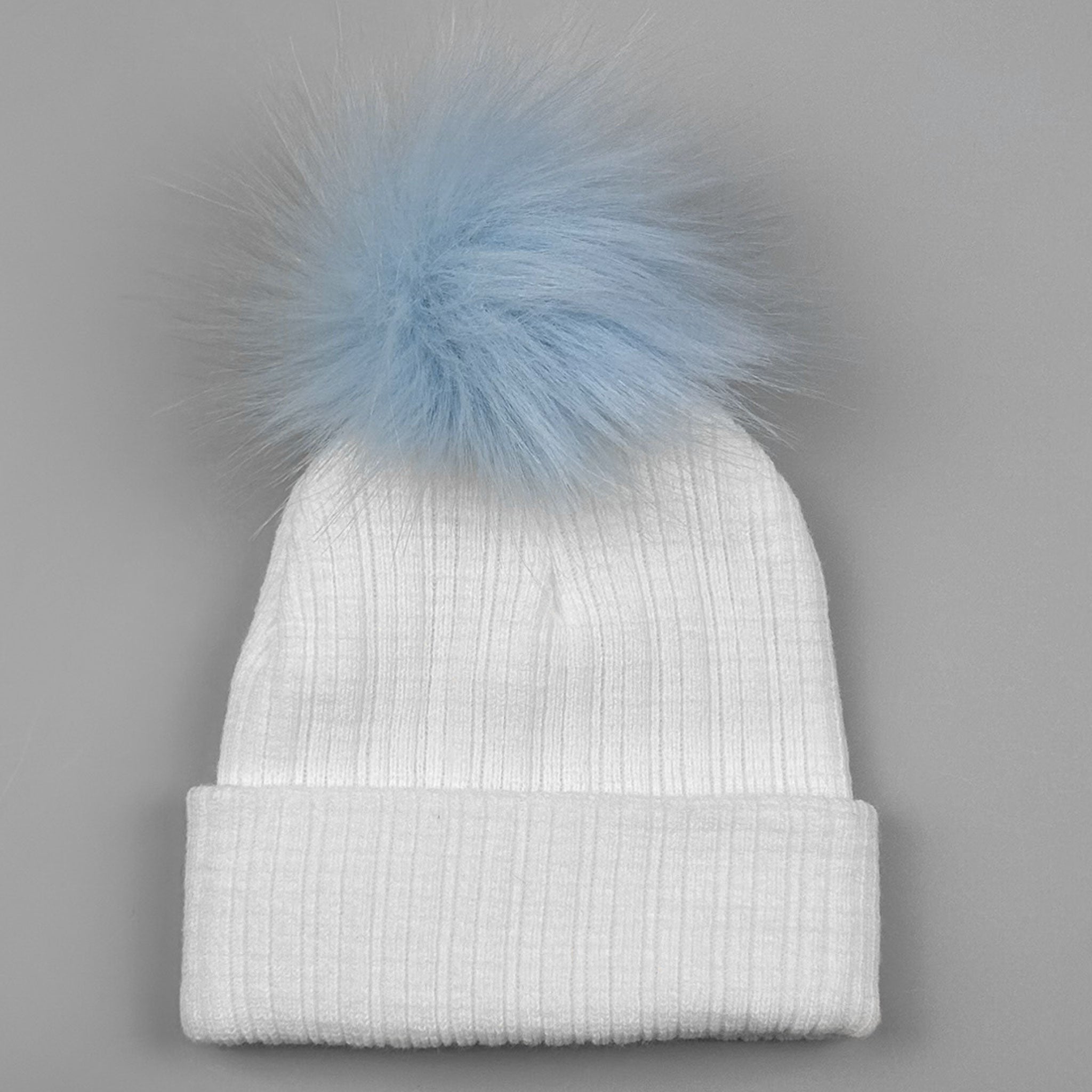 baby boys white and blue pom hat knitted 