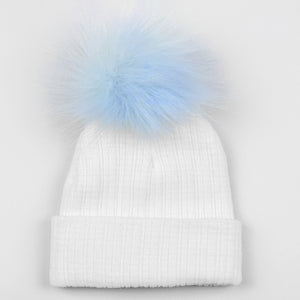 baby boys white and blue pom hat knitted 