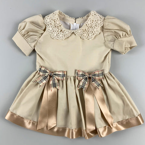 Baby Girls Beige  Dress with Tartan bows