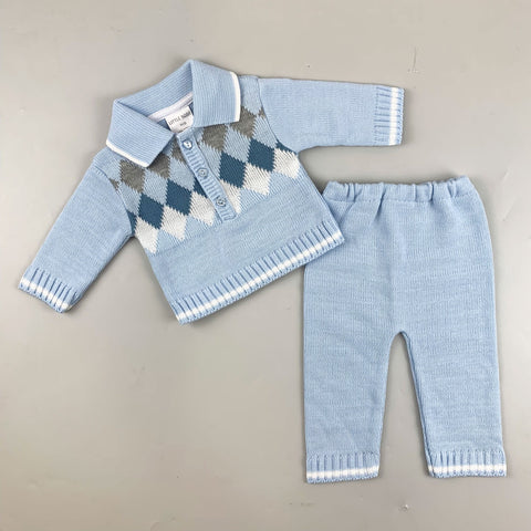 Baby Boy Knitted Argyle Jumper & Trousers Outfit - Blue