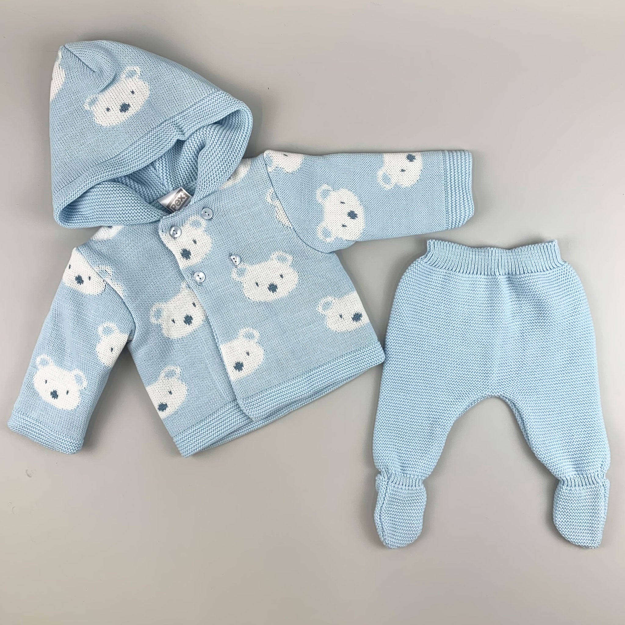 baby boys blue knitted two piece outfit