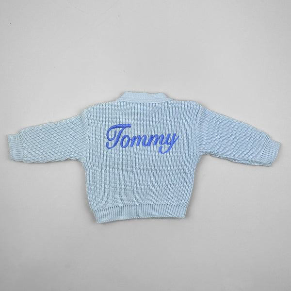 personalised baby boys blue knitted cardigan