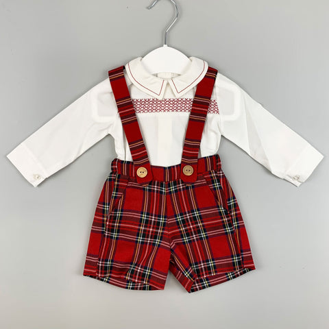 Baby Boys Red Tartan Two Piece Outfit- Shirt and Short with Braces Set